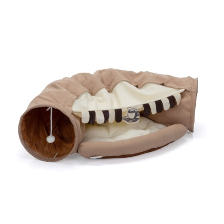 Wefulfil Cozy Pet Tunnel Bed in beige and cream soft fabric with playful hanging toy inside