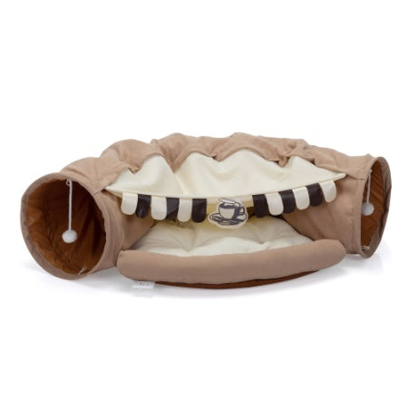 Wefulfil Cozy Pet Tunnel Bed in beige with soft cushion and playful pom-pom toys