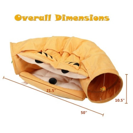 Wefulfil Cozy Pet Tunnel Bed in yellow with plush animal face and overall dimensions shown