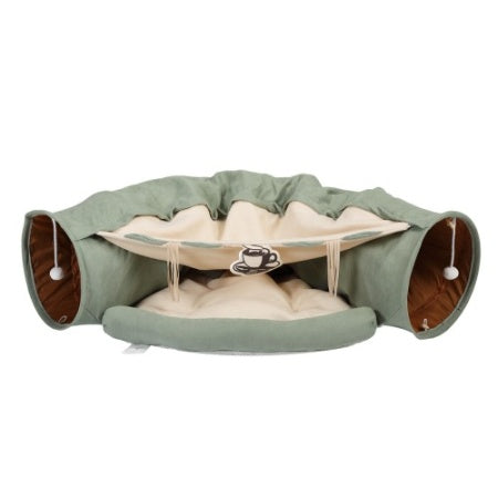 Wefulfil Cozy Pet Tunnel Bed in green and beige with soft cushion and hanging toys for pets