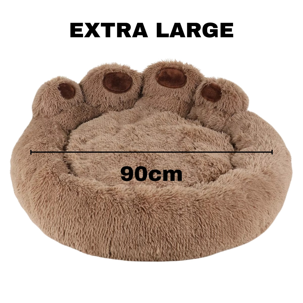 Purrfect Pet Haven extra large brown fluffy 90 cm paw-shaped pet bed with raised rim for cats and dogs