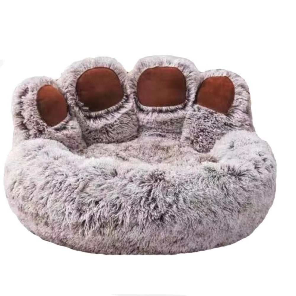 Purrfect Pet Haven gray fluffy paw-shaped pet bed with raised padded paw back and cozy round cushion