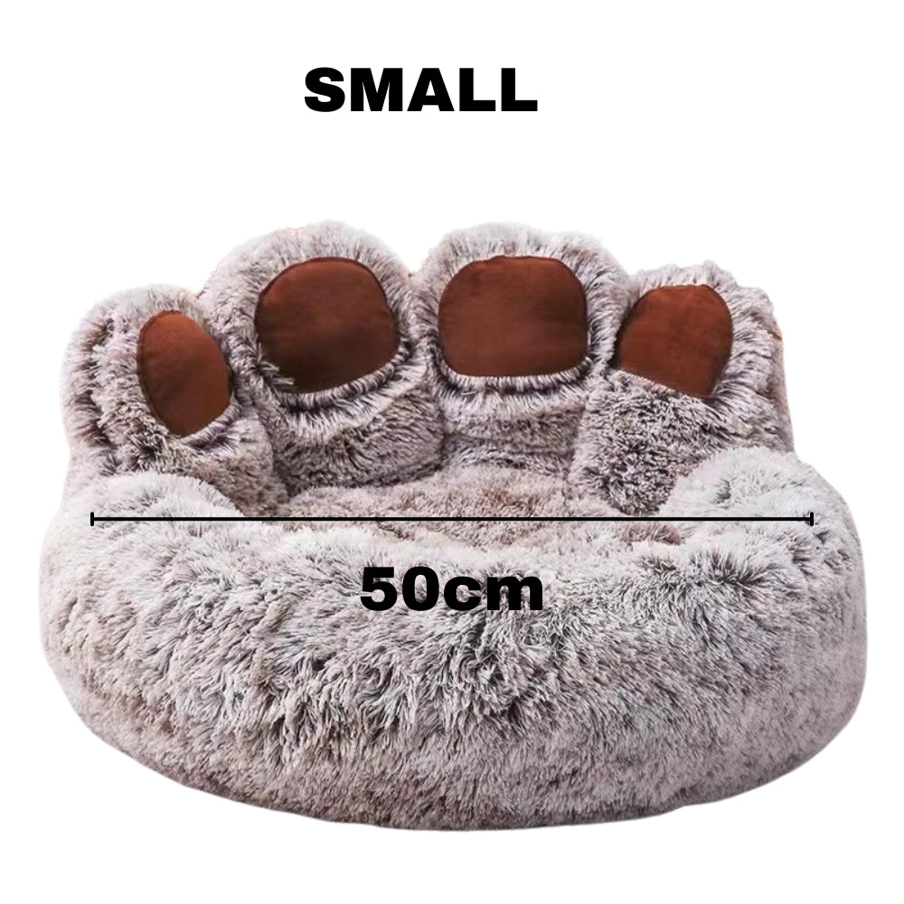 Purrfect Pet Haven small grey fluffy paw-shaped pet bed with brown paw pads 50 cm diameter for cats