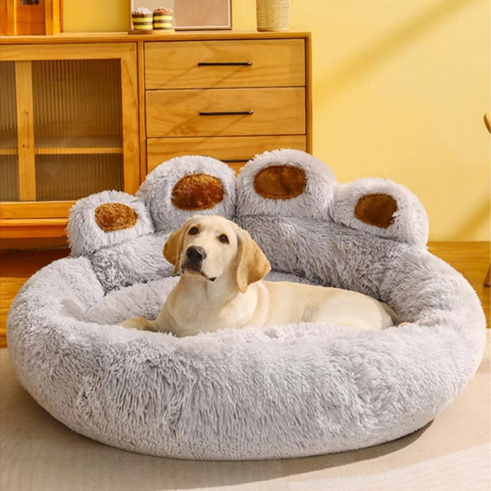 Purrfect Pet Haven cozy gray paw-shaped pet bed with plush bolster and raised paw back for dogs