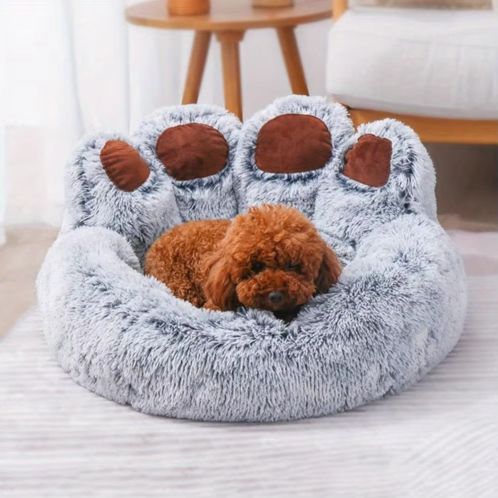 Purrfect Pet Haven fluffy gray faux fur paw-shaped pet bed with brown pad accents and small brown dog resting
