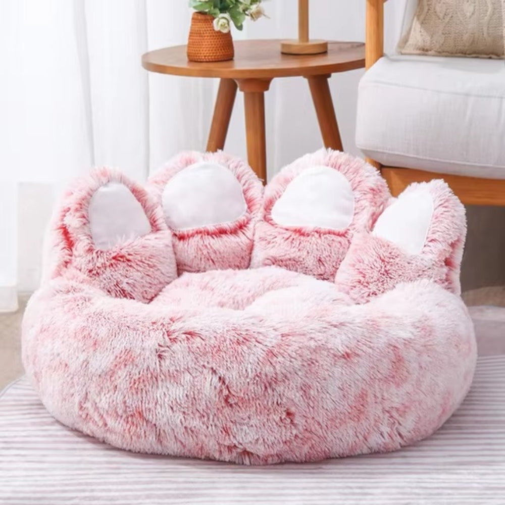 Purrfect Pet Haven pink fluffy paw-shaped pet bed plush donut cushion for cats and small dogs
