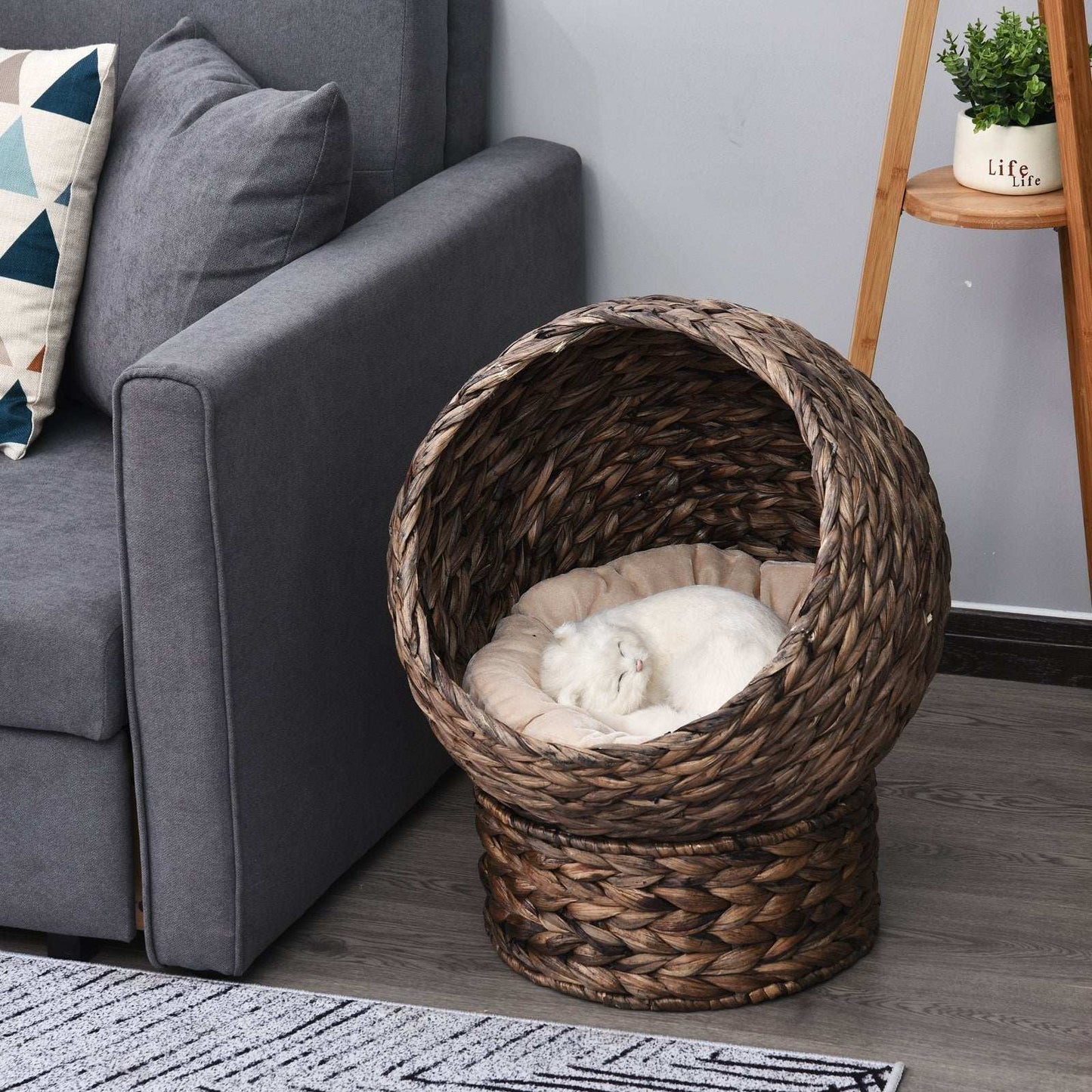 Cozy Wicker Pet Bed Dome with beige cushion placed next to gray sofa with white cat sleeping inside