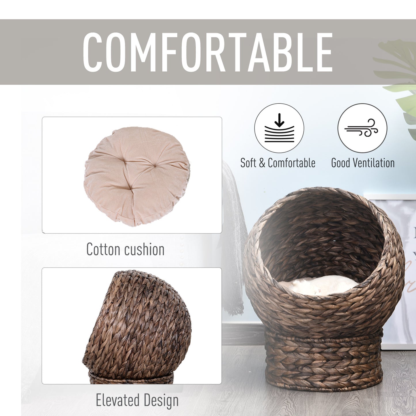 Wefulfil Cozy Wicker Pet Bed Dome with elevated design and soft cotton cushion for comfortable pet rest
