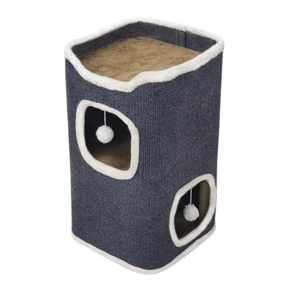 Purrfect Pet Haven gray rectangular cat tower with two cubbies and pompom toys and Cat Bed with Soft Mat top
