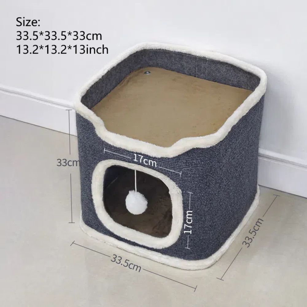 Purrfect Pet Haven gray cube Cat Bed with Soft Mat top sleeping platform front entry and dangling pom pom toy