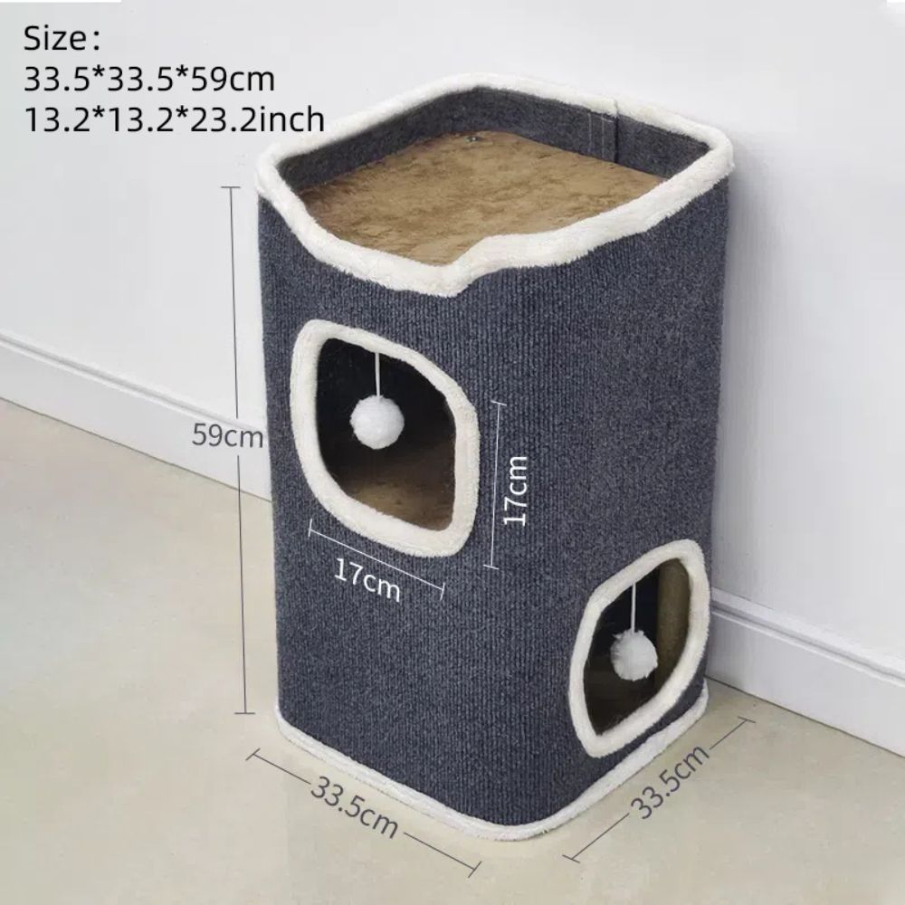 Purrfect Pet Haven grey two level cat tower with openings and pom pom toys Cat Bed with Soft Mat on top