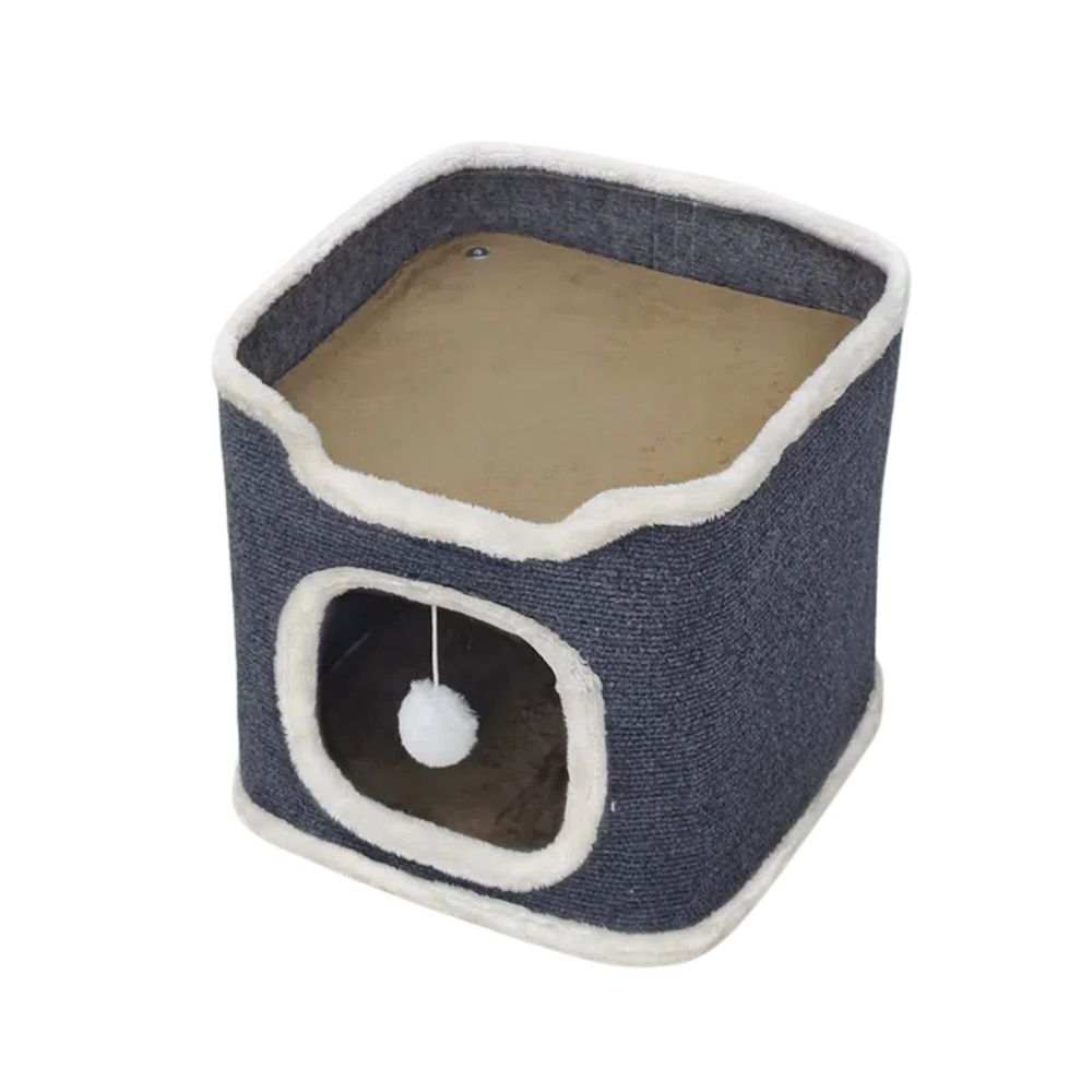 Cat Bed with Soft Mat Purrfect Pet Haven gray cube cat house with top perch entry and hanging pom