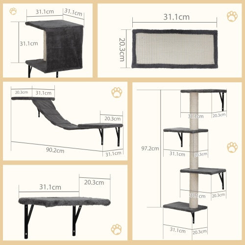 Wefulfil wall mounted cat tree with gray plush platforms ramp and sisal scratching posts