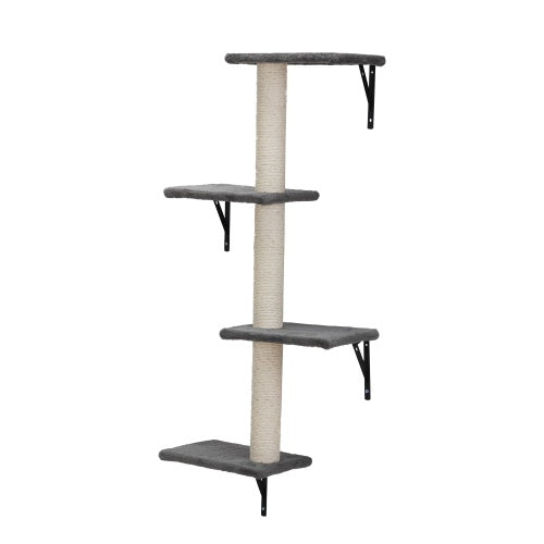 Wefulfil wall mounted cat tree with four gray carpeted platforms sisal scratching post and metal support brackets