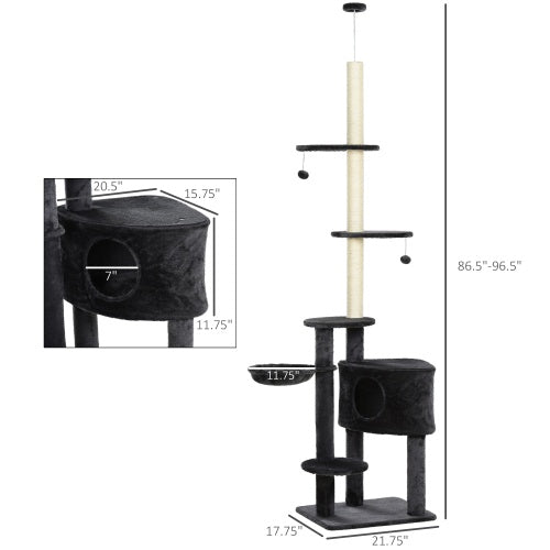 Wefulfil black multi level cat tower with condo platforms sisal pole and dangling toys adjustable floor to ceiling cat tree