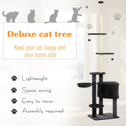 Wefulfil adjustable floor to ceiling cat tree in black plush with sisal posts condo hammock platforms and hanging toys
