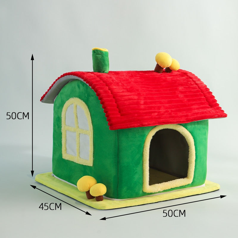 Wefulfil Cat Bed Indoor plush green house with red roof yellow trim arched entrance mushroom accents 50x45x50 cm