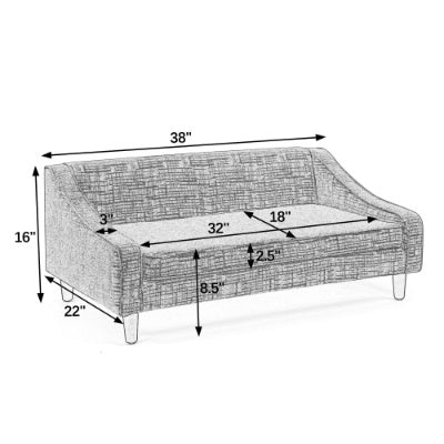 Wefulfil Dog Sofa Bed diagram showing measurements 38 inches wide 22 inches deep 16 inches high with 32 by 18 inch cushion area