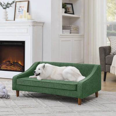 Wefulfil green upholstered Dog Sofa Bed with wooden legs in living room and white dog lounging