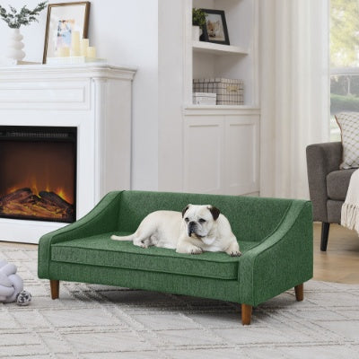 Wefulfil green mid century Dog Sofa Bed with wooden legs in living room small bulldog lounging