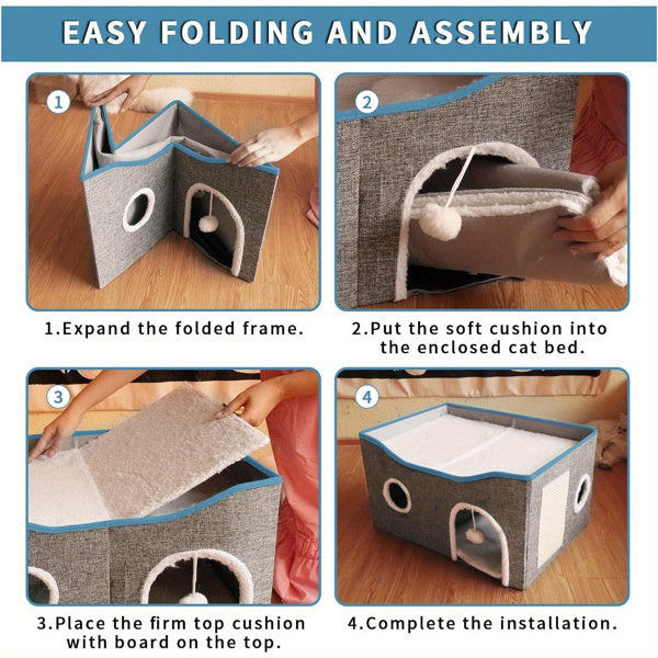 Wefulfil grey fabric cube with circular entrances and removable cushion being assembled super wide cat house for indoor cats