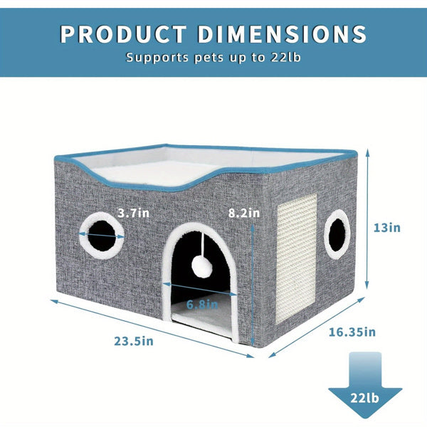 Wefulfil grey fabric super wide cat house for indoor cats with front arch entry side scratching pad and top bed