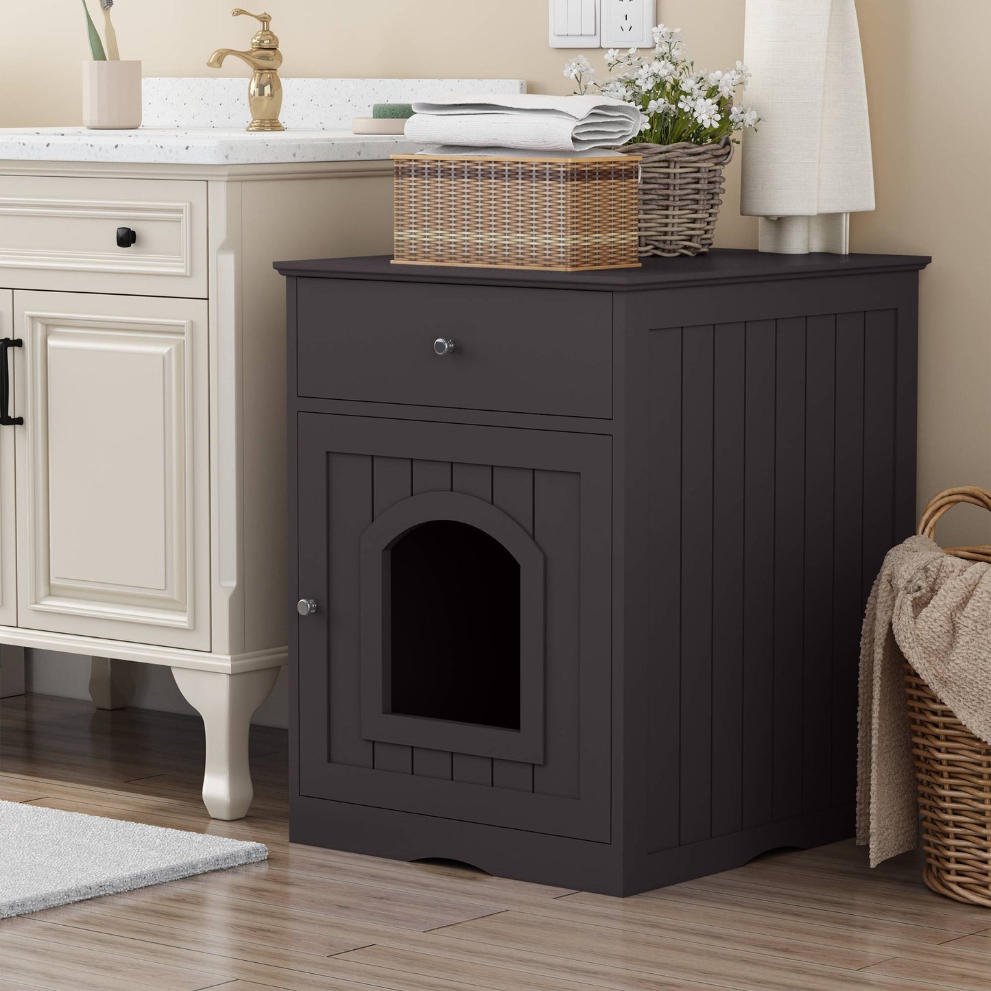 Wefulfil wooden cat litter box enclosure in dark brown with arched entry and top drawer beside bathroom vanity