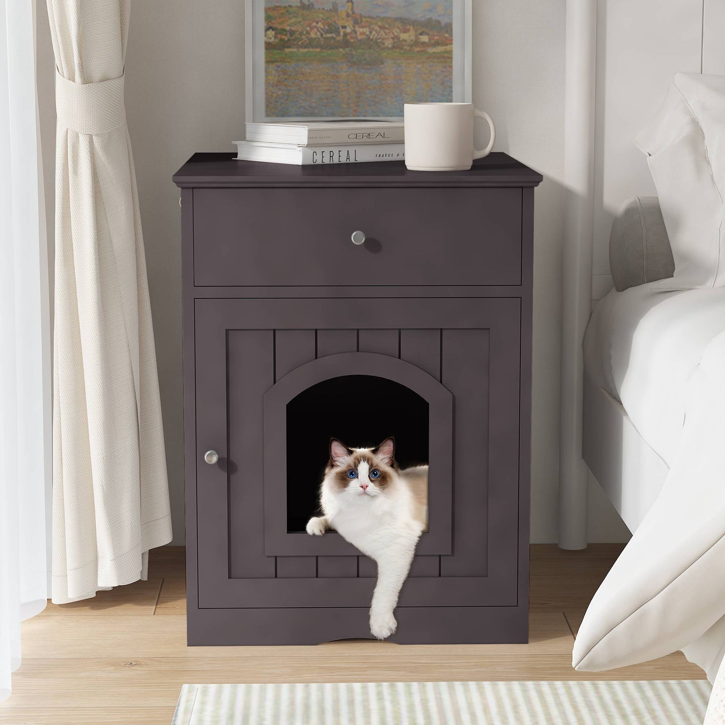 Wefulfil wooden cat litter box enclosure bedside cabinet in dark brown with drawer and cat peeking out