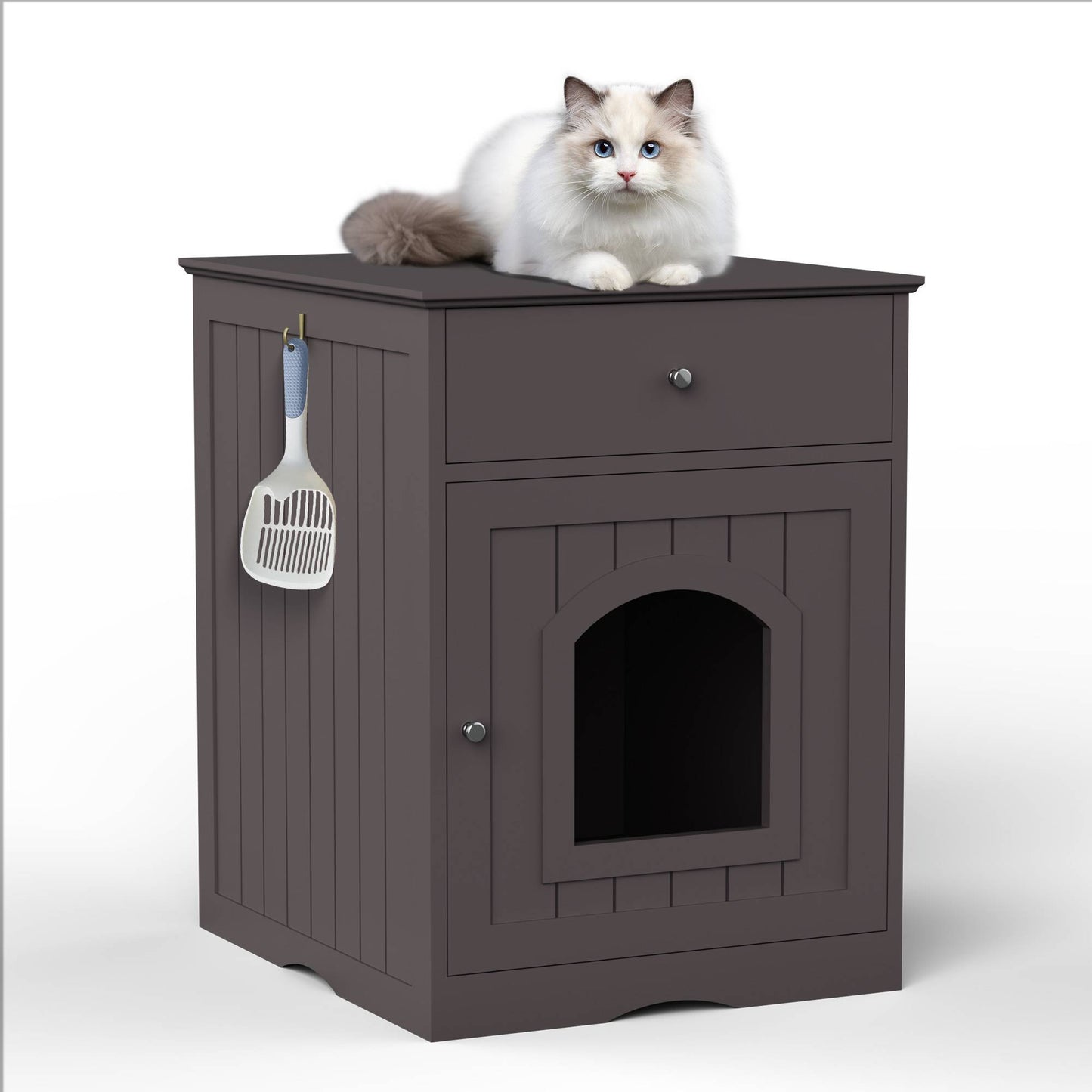Wefulfil wooden cat litter box enclosure side table with arched front door drawer scoop and cat on top