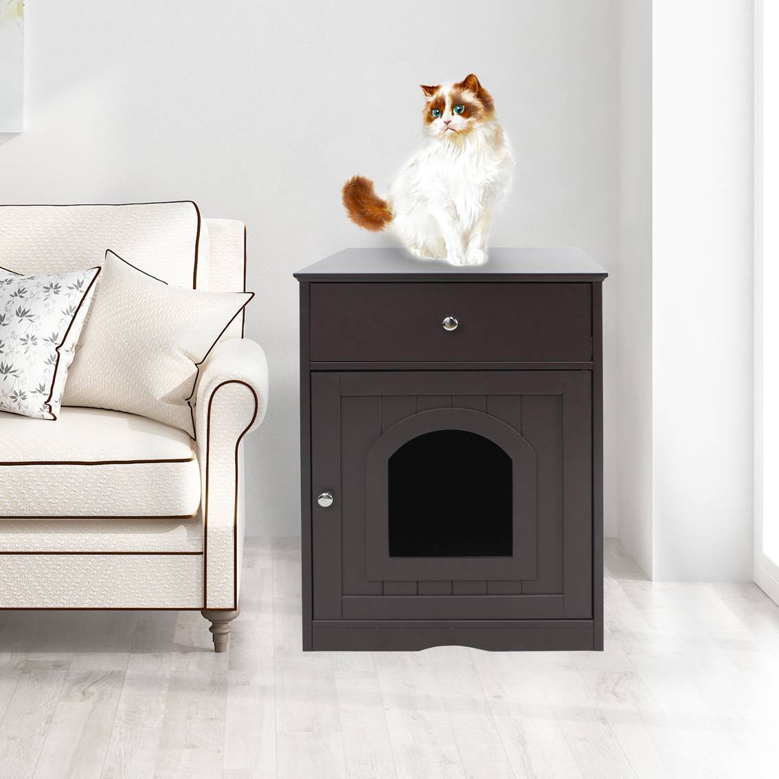 Wefulfil wooden cat litter box enclosure dark brown side table with drawer door and cat on top