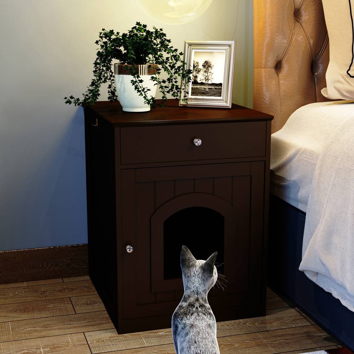 Wefulfil wooden cat litter box enclosure nightstand with drawer and arched cat entry next to bed