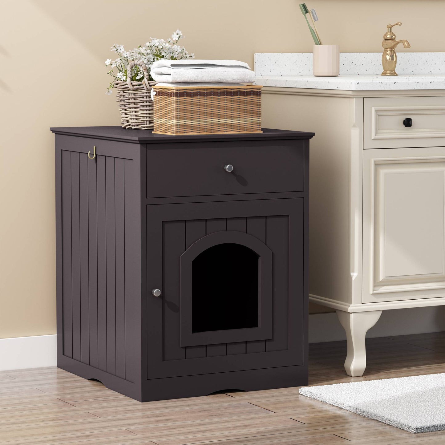 Wefulfil dark brown wooden cat litter box enclosure cabinet with drawer arched front entry and top storage