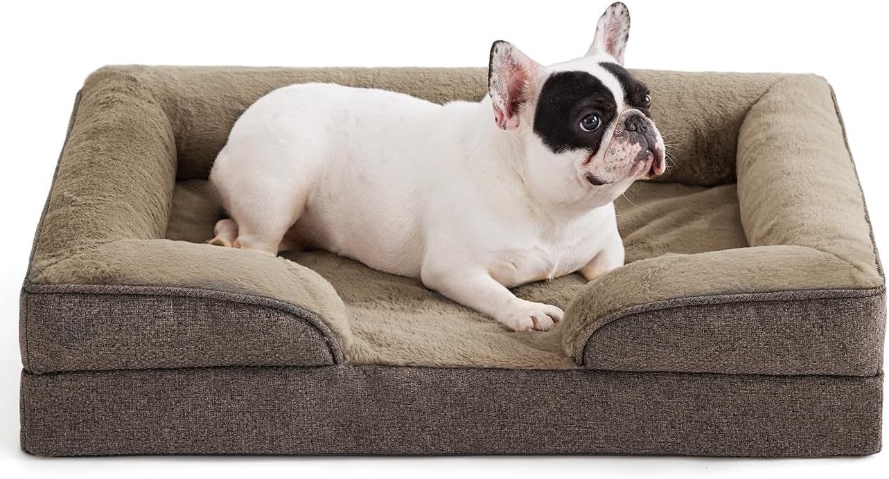 Wefulfil Foam Dog Sofa Mattress with bolstered sides and low entry plush cover ideal for small dogs