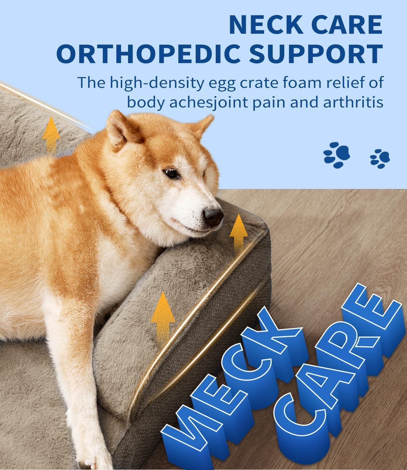 Wefulfil Foam Dog Sofa Mattress orthopedic neck support gray plush pet bed with Shiba Inu resting head on bolster