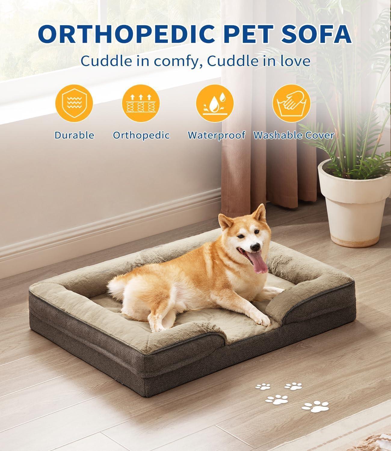 Wefulfil Foam Dog Sofa Mattress orthopedic gray pet bed with raised bolsters waterproof washable cover dog resting