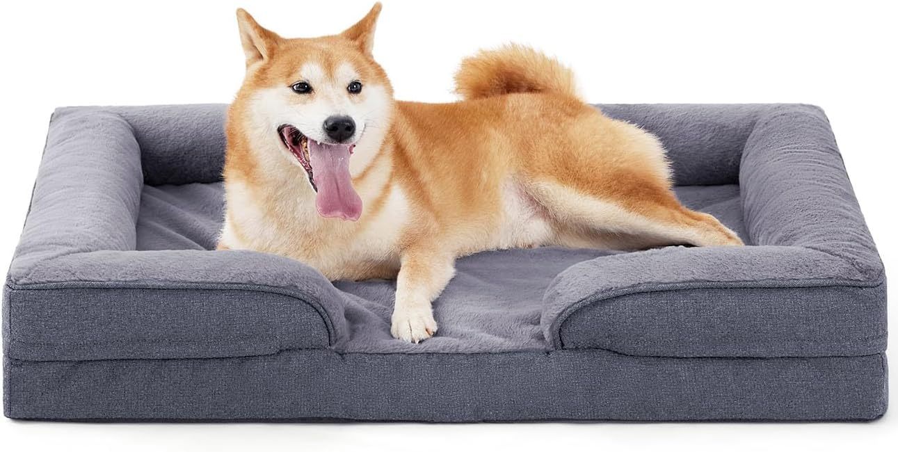 Wefulfil Foam Dog Sofa Mattress gray bolstered bed with low front entry and Shiba Inu resting comfortably