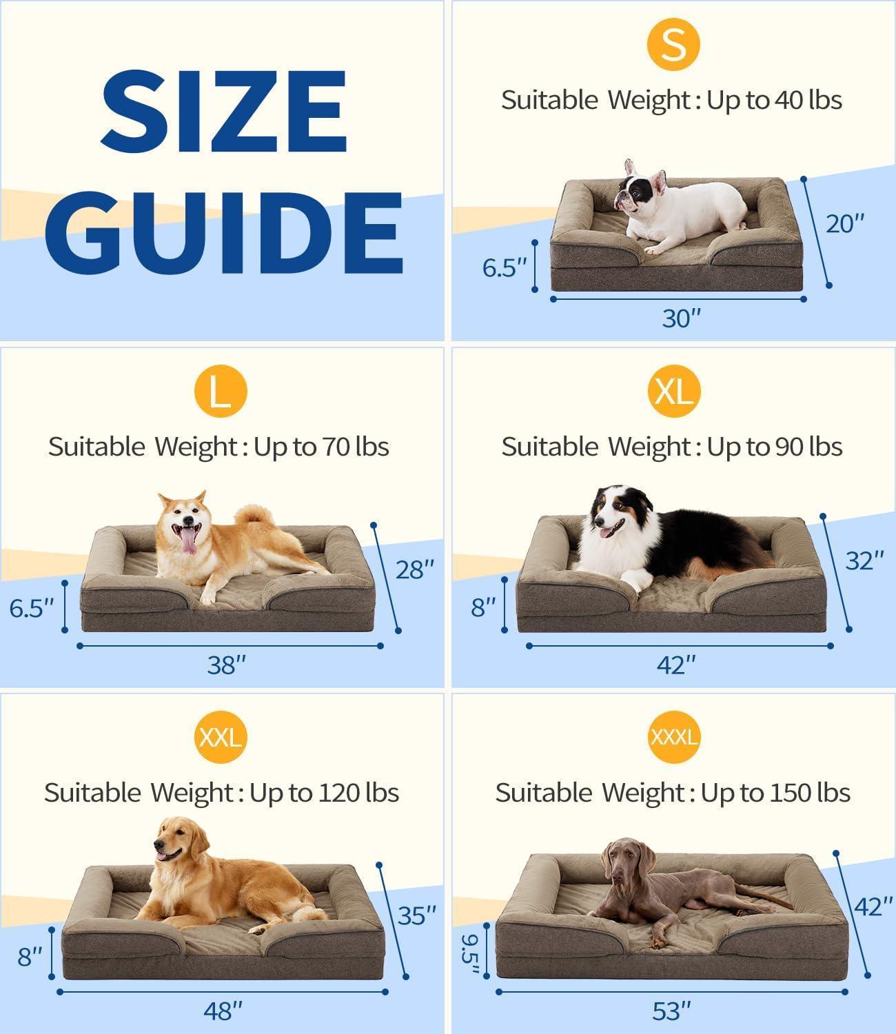 Wefulfil Foam Dog Sofa Mattress size guide showing dogs on S L XL XXL XXXL with dimensions and suitable weight limits
