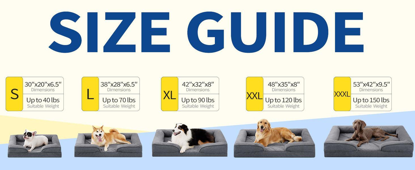 Wefulfil Foam Dog Sofa Mattress size guide showing five sizes S to XXXL with dogs on gray sofa beds