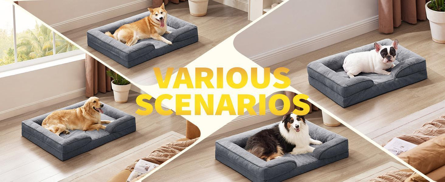 Wefulfil Foam Dog Sofa Mattress in gray shown in various living room scenarios with multiple dog breeds