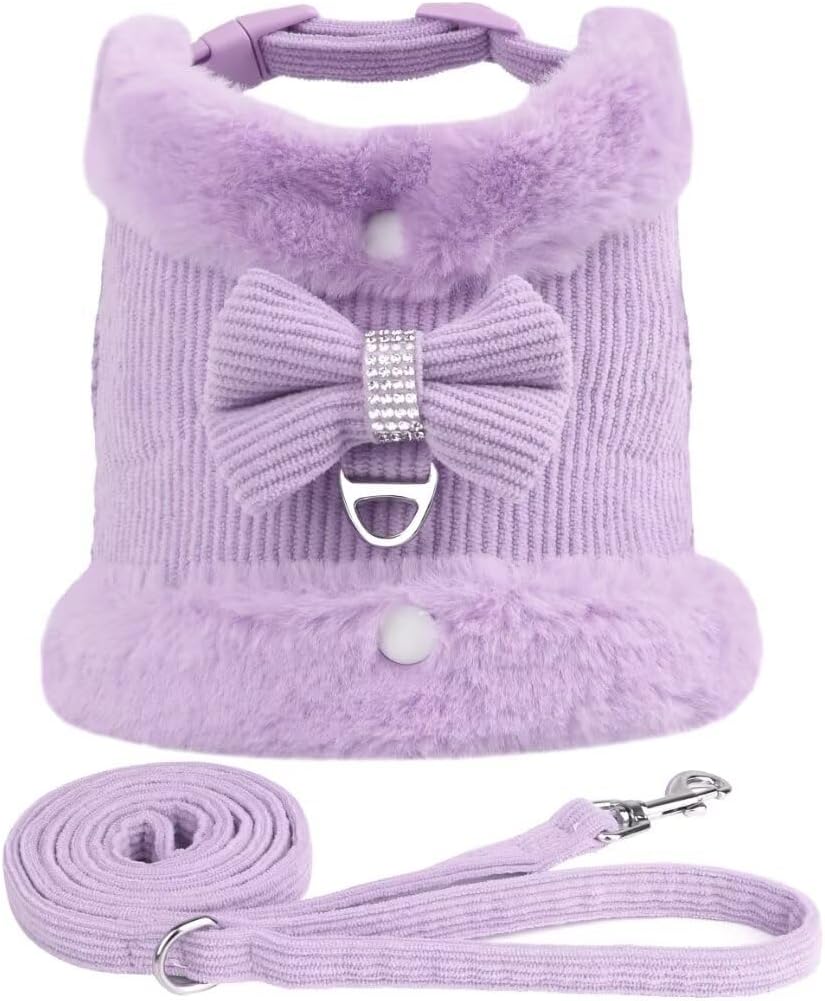 Warm Fur Collar Soft Padded Small Girl Pet Harness and Leash Set with Bow Tie