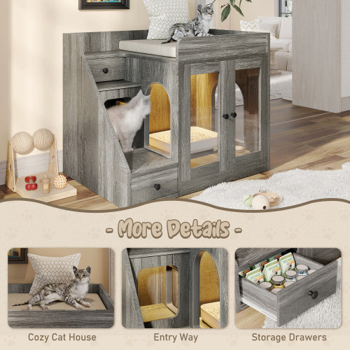 GO Cat Litter Box Enclosure With Light , Hidden Litter Box Furniture With 2 Storage Drawers, Indoor Cat House Side Table For Living Room