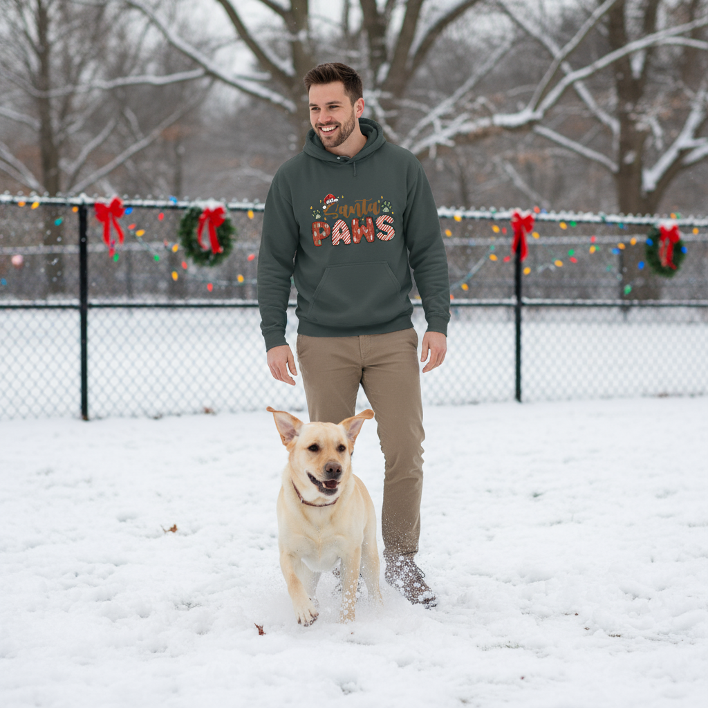 Dark Heather Santa Paws Hoodie Lifestyle