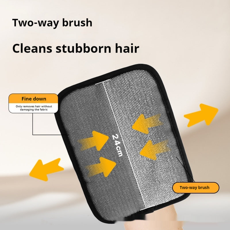 Two-way brush with text indicating its use for cleaning stubborn hair on a neutral background.