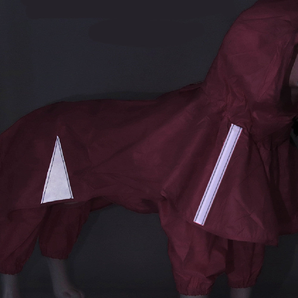 Maroon raincoat with white reflective stripes on a dark background