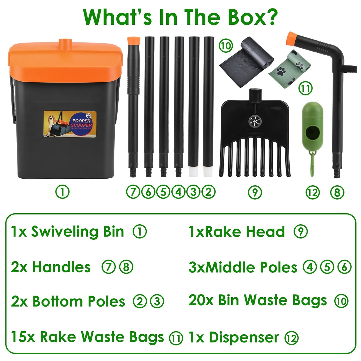 Pooper Scooper Kit Dog Poop Rake & Swiveling Bin Poop Heavy Duty Pick Up Tool With Extra Long Handle 35 Waste Bags Dispenser