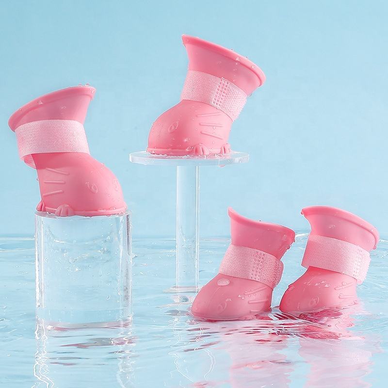Wefulfil Dog 4 Piece Rain Boots in pink waterproof silicone with adjustable straps