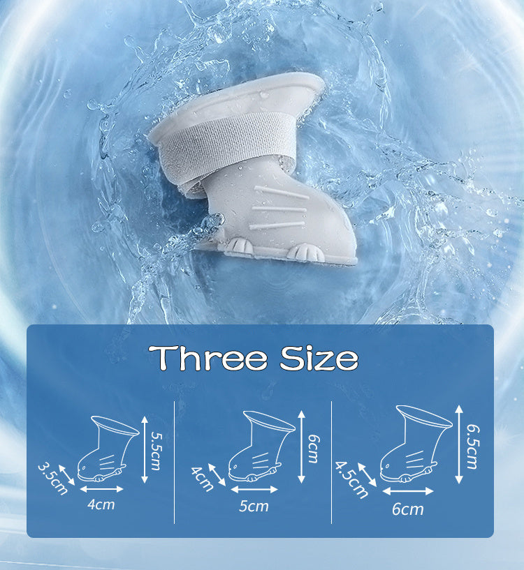 Wefulfil Dog 4 Piece Rain Boots size guide showing three sizes with dimensions on a splash water background