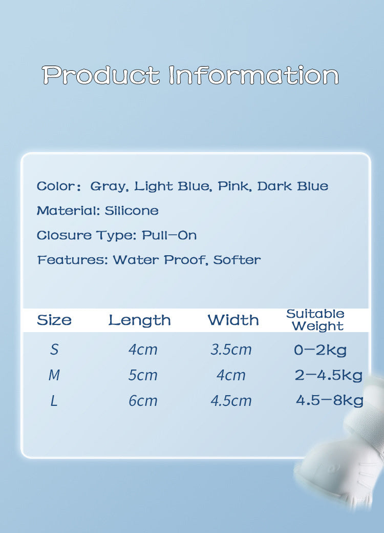 Wefulfil Dog 4 Piece Rain Boots size chart with colors gray light blue pink dark blue and silicone material
