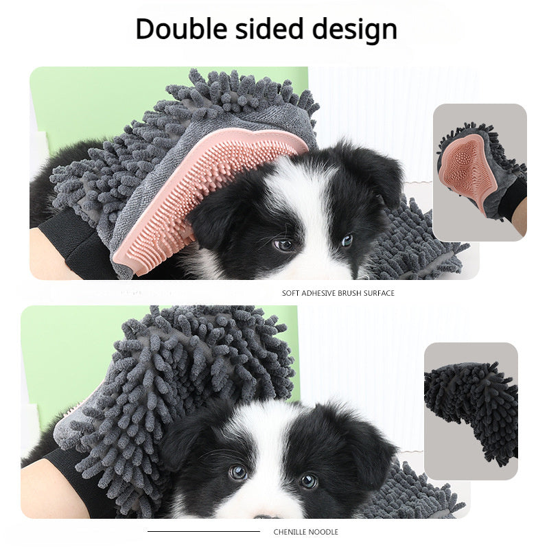 Wefulfil Dog and Cat Grooming Glove double sided design with soft adhesive brush and chenille noodle for pet fur care
