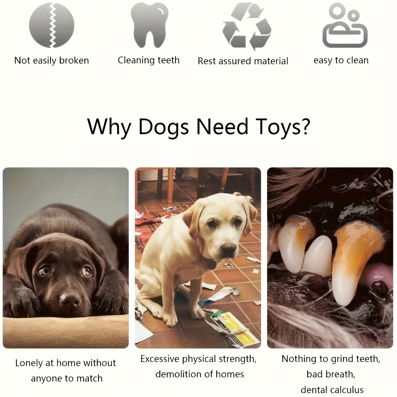 Wefulfil Dog Chew Squeaky Toy benefits showing durable material cleaning teeth and easy to clean